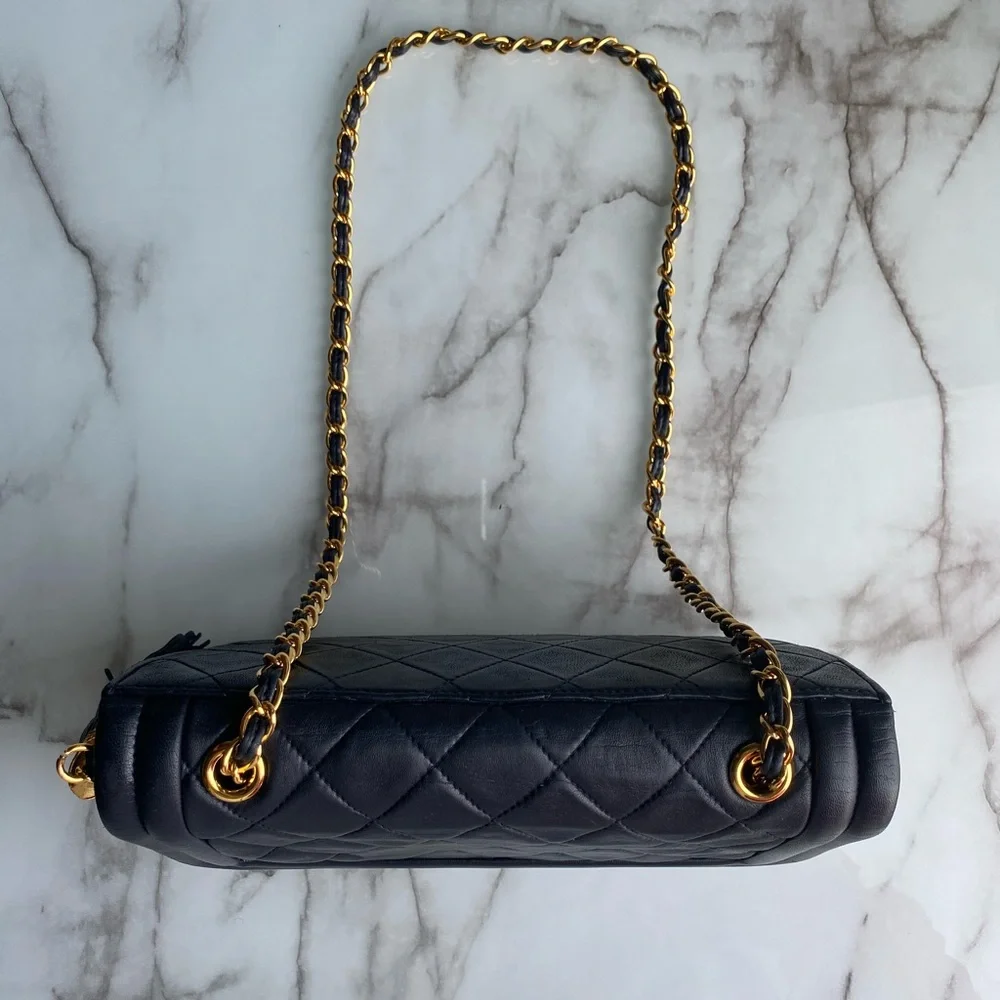 Authentic CHANEL Vintage Navy Lambskin Leather Matelassé Fringe Handbag - AS IS - Picture 5 of 11